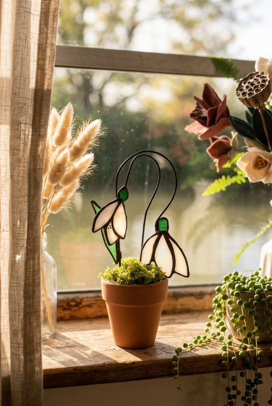 Snowdrop Stained Glass Birth Flower in a Terracotta Pot – January