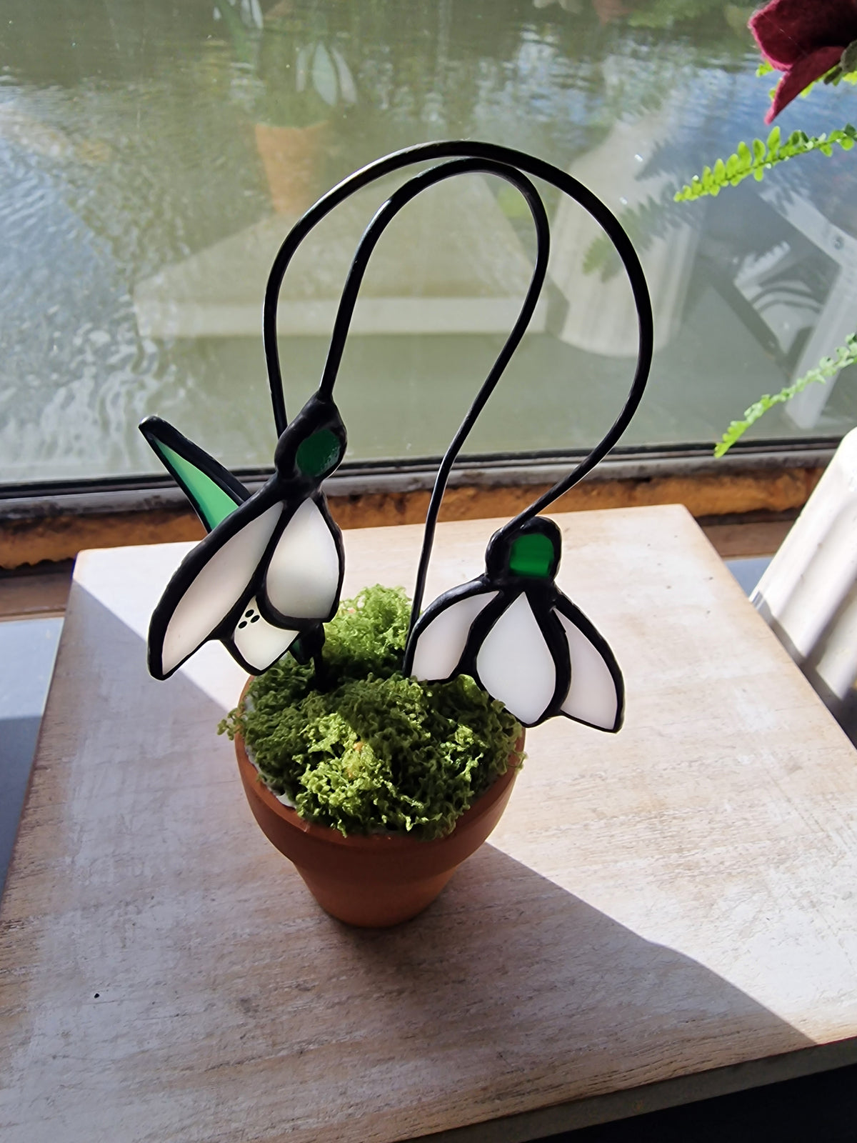 Snowdrop Stained Glass Birth Flower in a Terracotta Pot – January