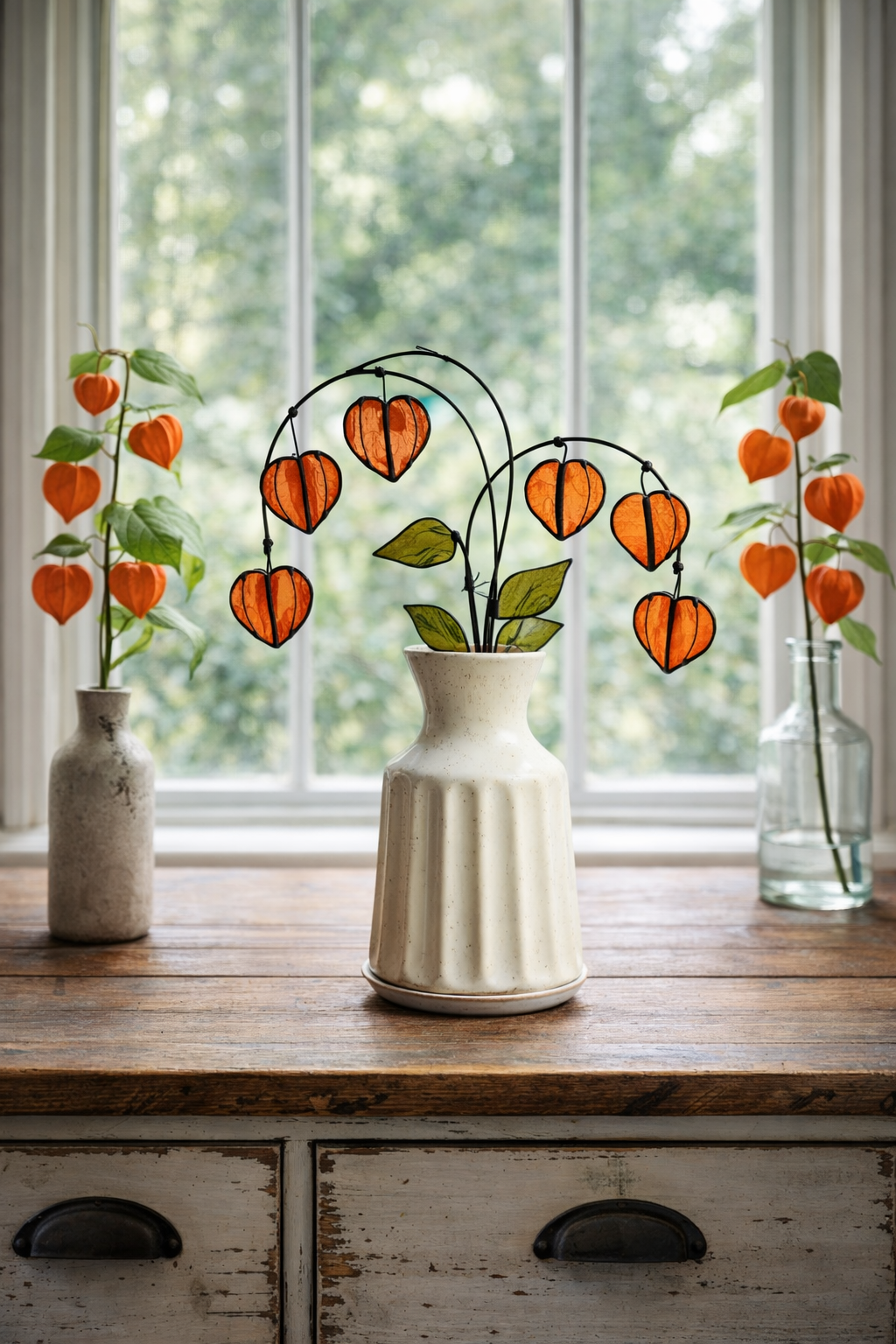 Chinese Lantern Plant Stem: “Orange stained glass Chinese lantern stems with green leaves displayed in a white vase.”
