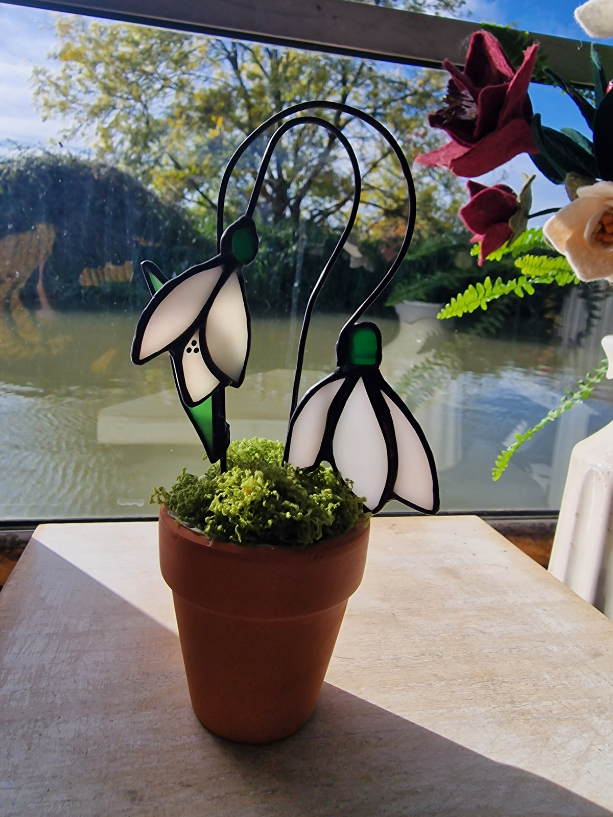 Snowdrop Stained Glass Birth Flower in a Terracotta Pot – January