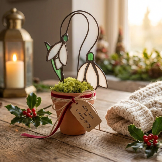 Snowdrop Stained Glass Birth Flower in a Terracotta Pot – January