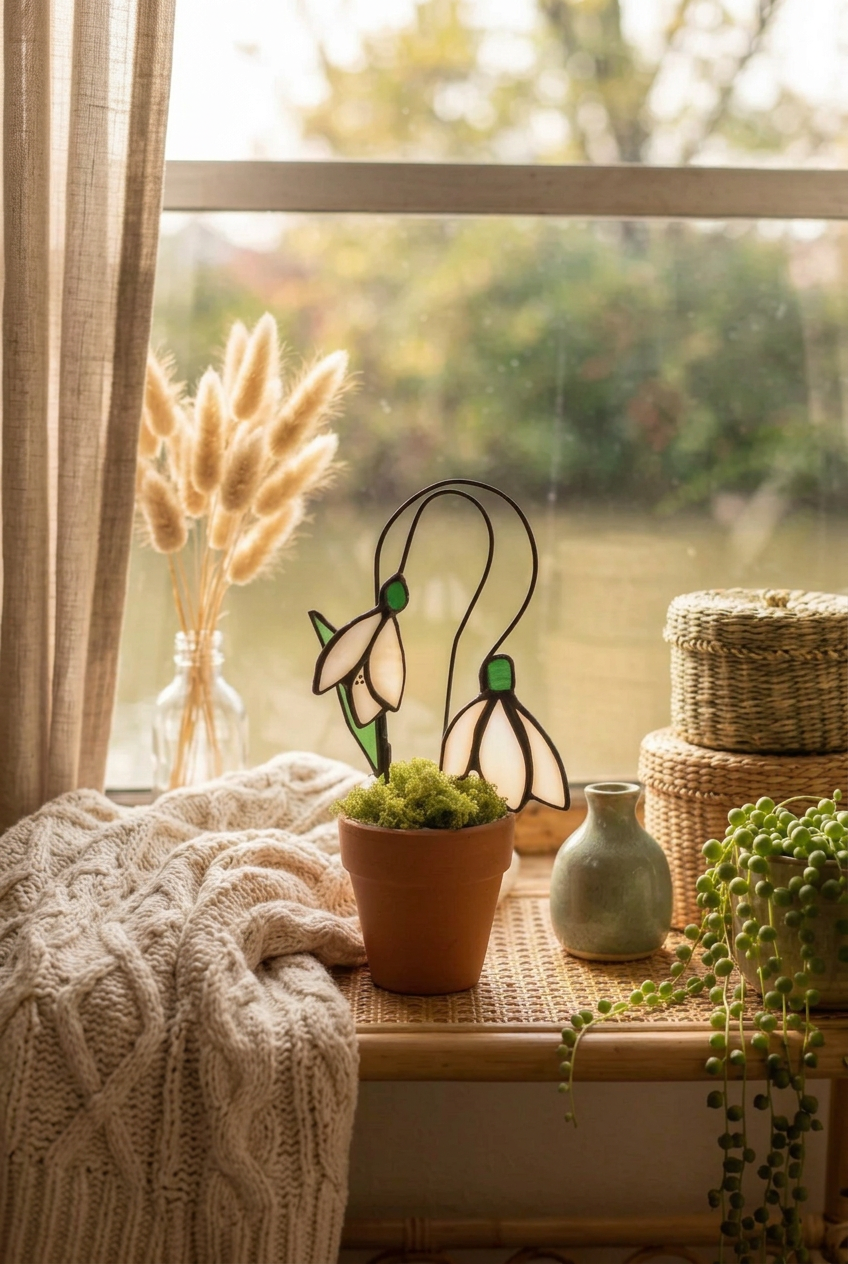 Snowdrop Stained Glass Birth Flower in a Terracotta Pot – January
