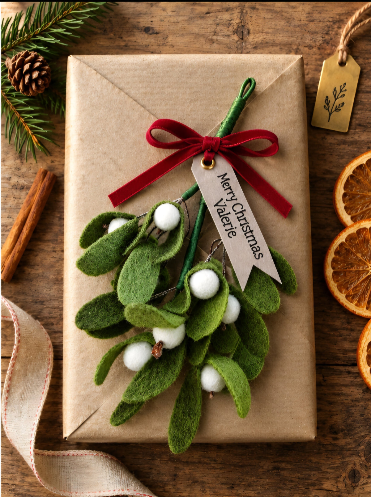 Handmade Wool Felt Mistletoe Sprig, With Personalised Gift Tag