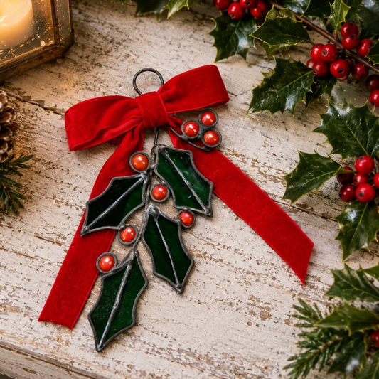 Stained Glass Holly Sprig with Red Velvet Bow | Handmade Christmas Gift