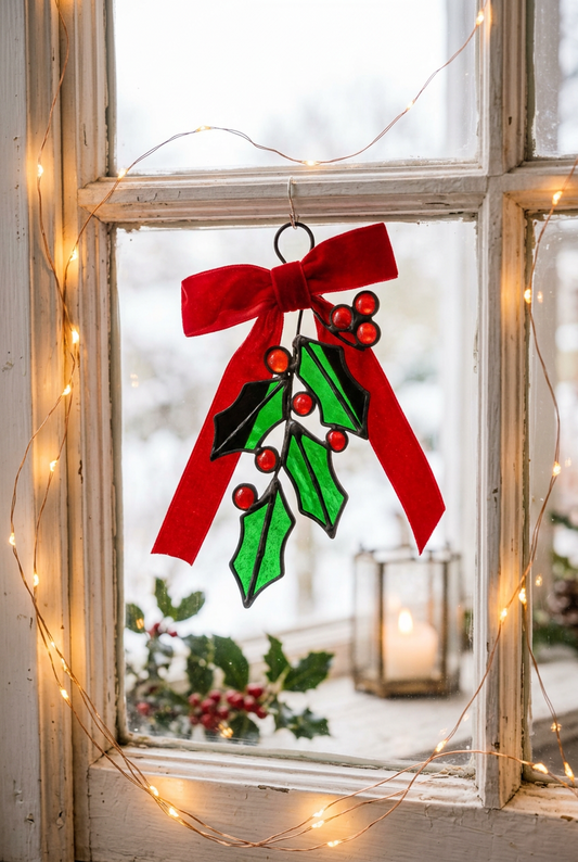 Stained Glass Holly Sprig with Red Velvet Bow | Handmade Christmas Gift