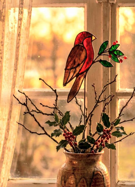 Stained Glass Robin Plant Stake | Handmade Christmas Gift for Gardeners & Bird Lovers