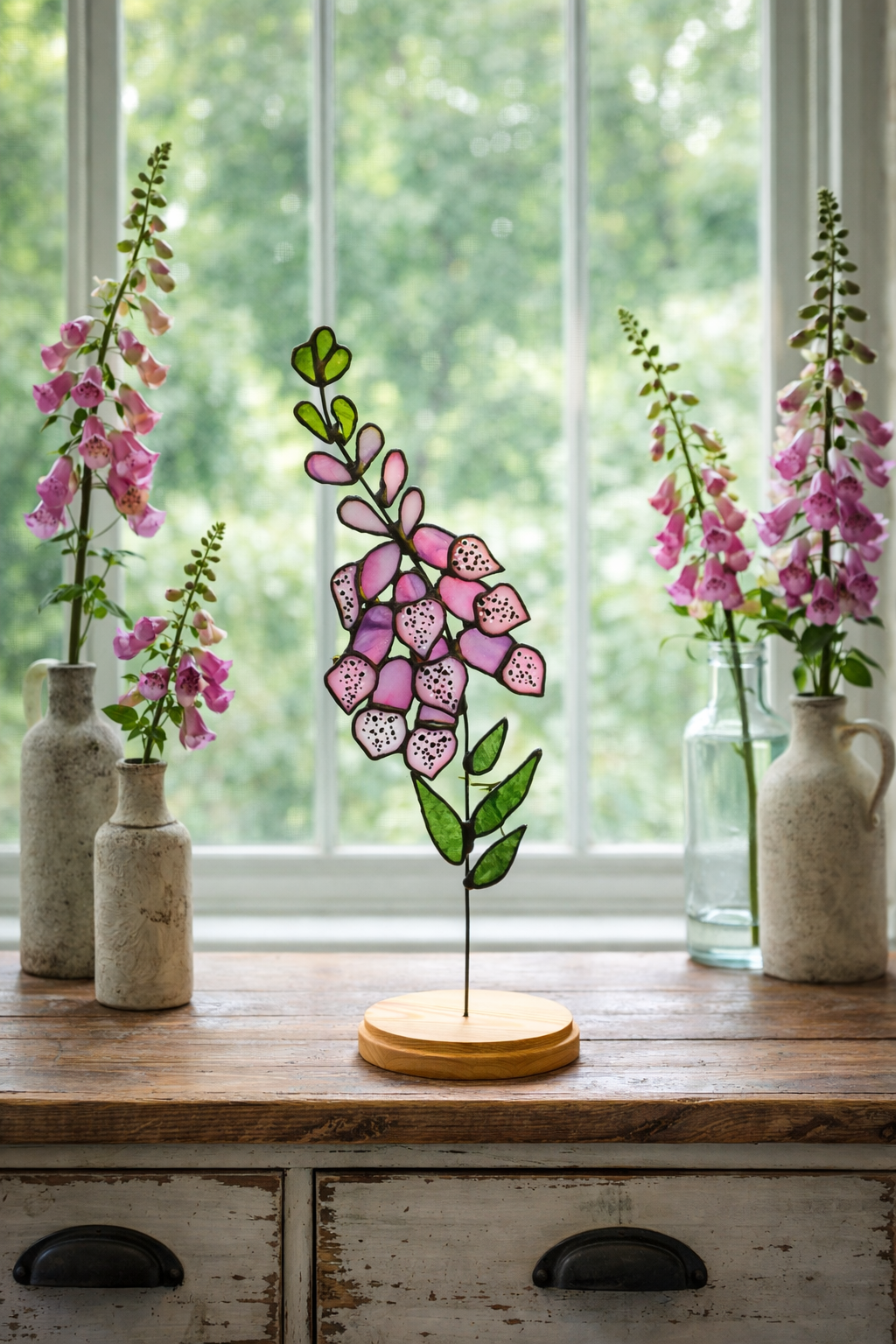 Pink stained glass foxglove flowers with green leaves on a wooden stand beside a window.”