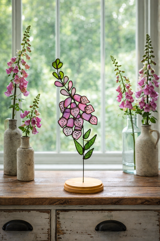 Pink stained glass foxglove flowers with green leaves on a wooden stand beside a window.”