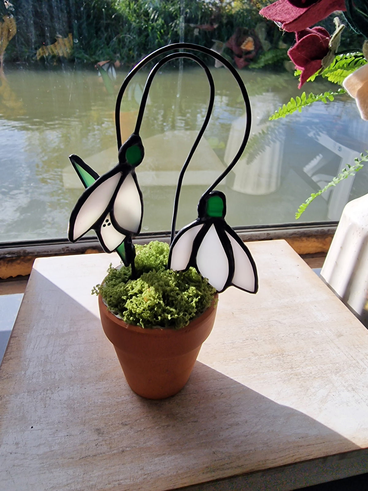 Snowdrop Stained Glass Birth Flower in a Terracotta Pot – January