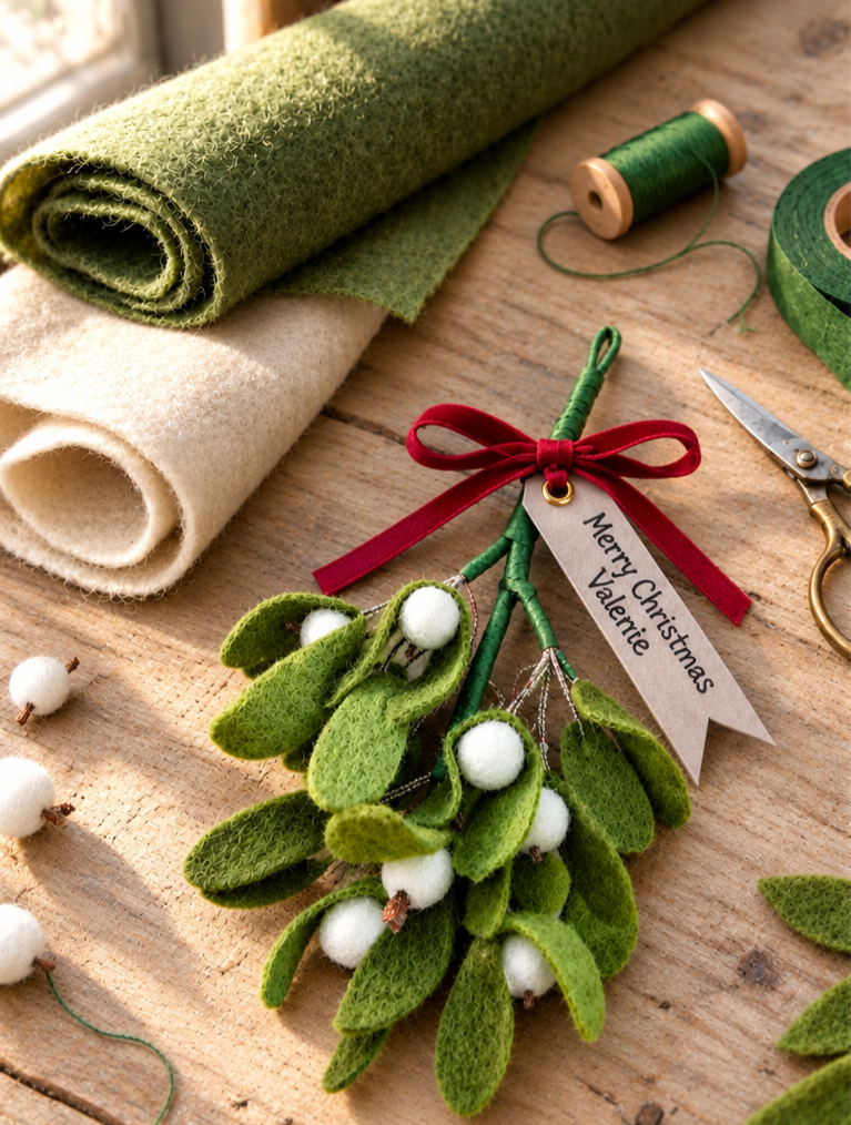 Handmade Wool Felt Mistletoe Sprig, With Personalised Gift Tag